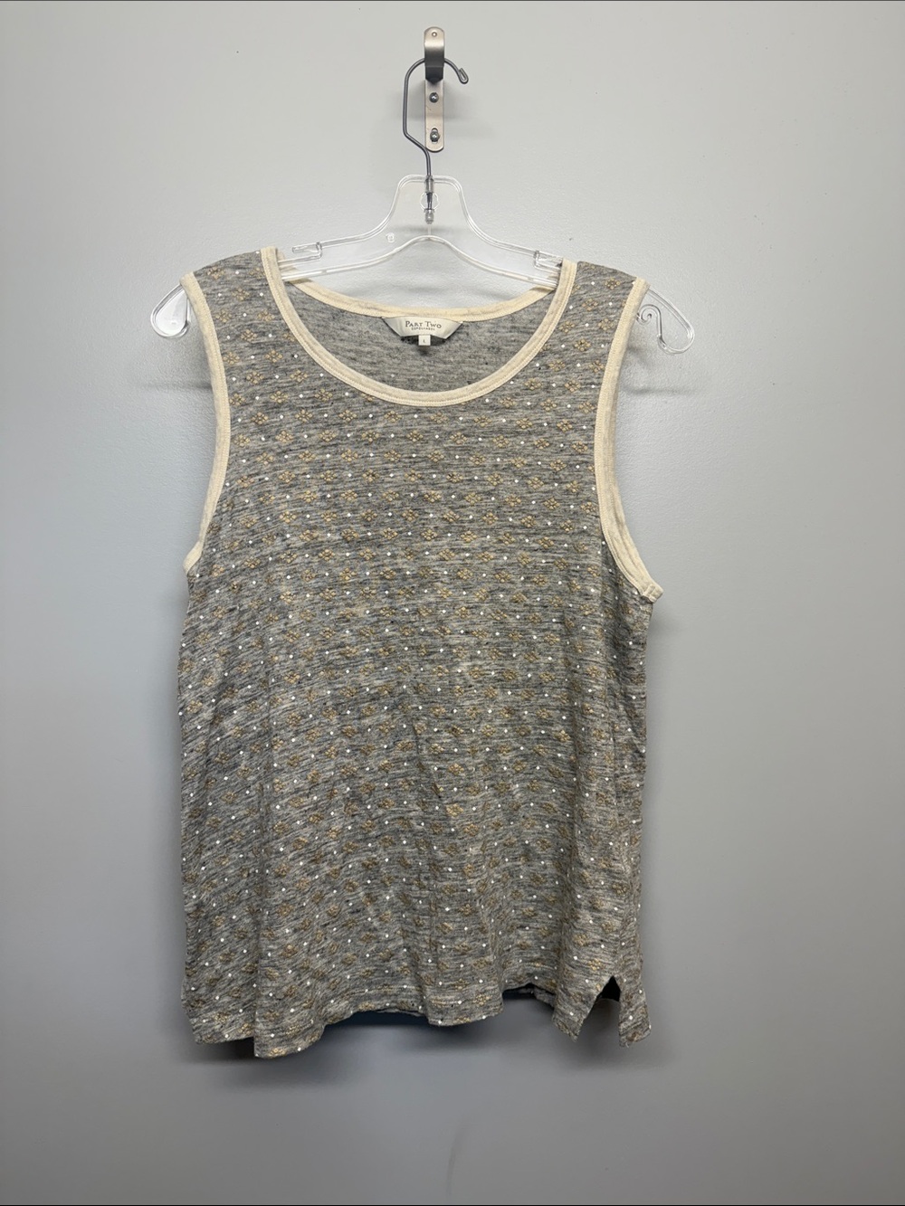 Part Two Linen Sleeveless Grey Knit Top with Cream Trim and Gold Fleck Detail